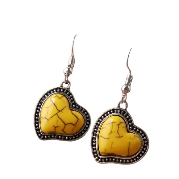 Antique Silver and Yellow Turquoise Heart Drop Earrings - Picture 3 of 6